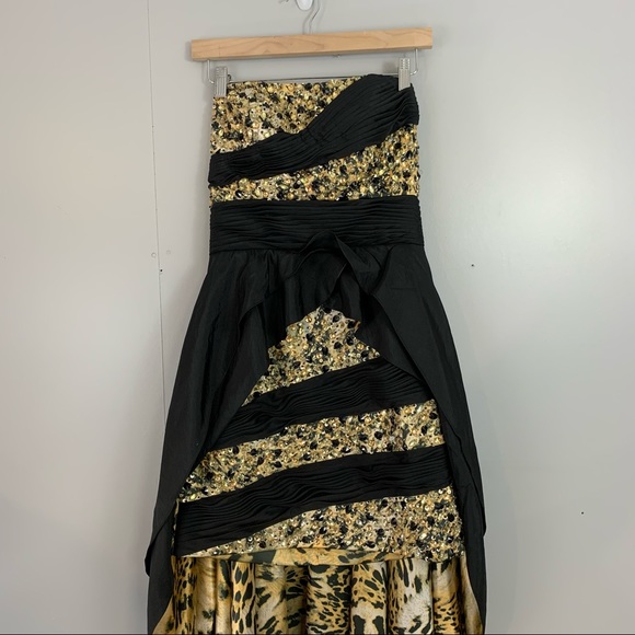 Jovani Dress Gown Prom Hi-Lo Sequin Animal Print Tiger Black Mini Train - Picture 2 of 9